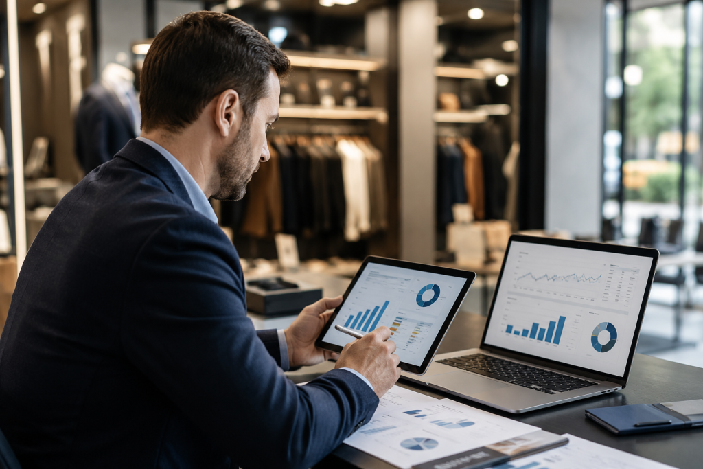 Gestor de perfumería analizando márgenes y gráficos de rentabilidad en tablet y portátil dentro de una tienda