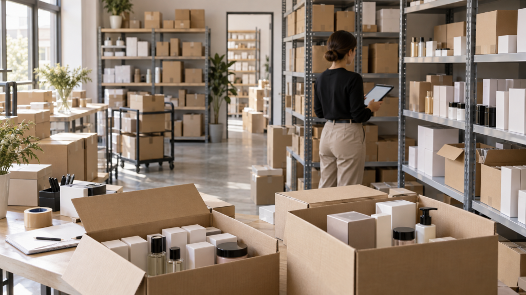 Empleada revisando inventario de producto de cosmética en el almacén de una perfumería