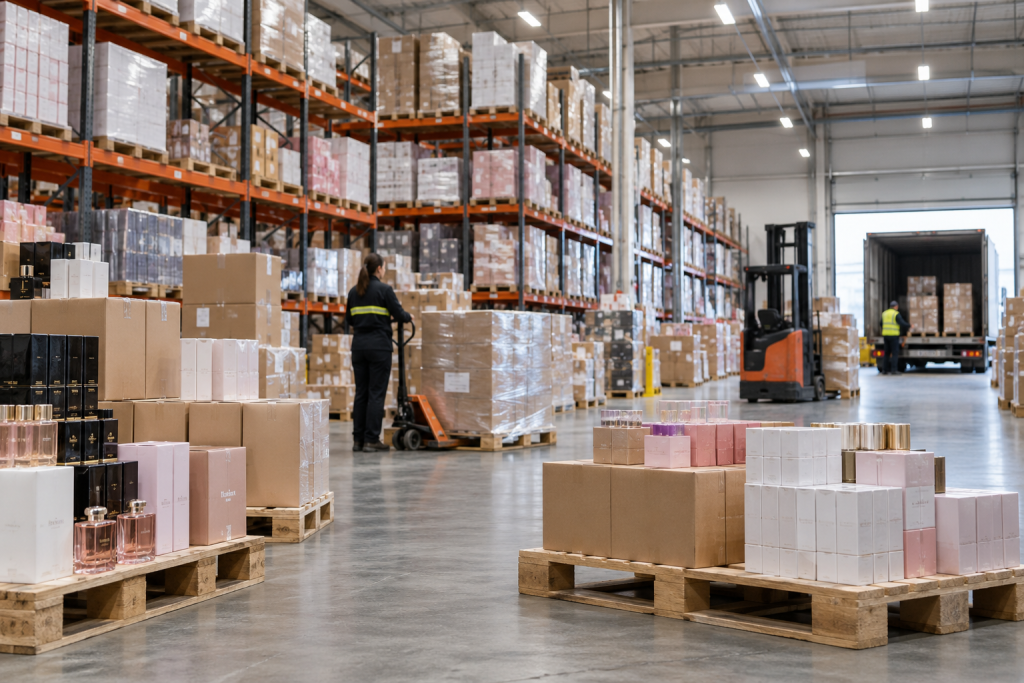 Almacén logístico de cosmética y perfumería con palés de producto listos para su distribución