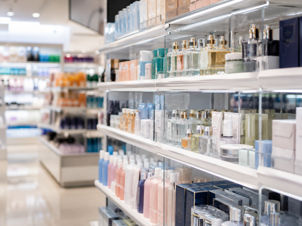 Estanterías de una tienda de perfumería y cosmética con productos organizados por marcas