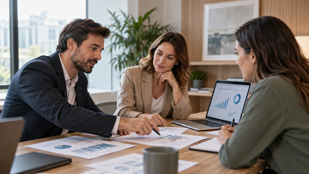 Equipo profesional analizando gráficos de ventas y datos de mercado en una reunión de trabajo