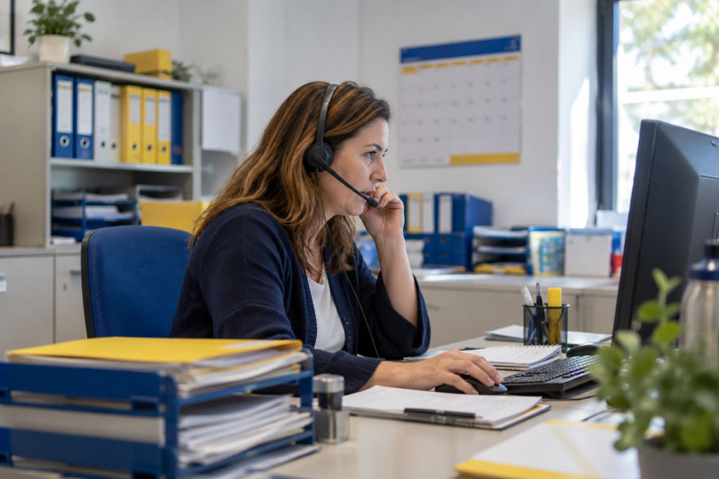 Trabajadora atendiendo por teléfono y registrando una reclamación desde su puesto de oficina