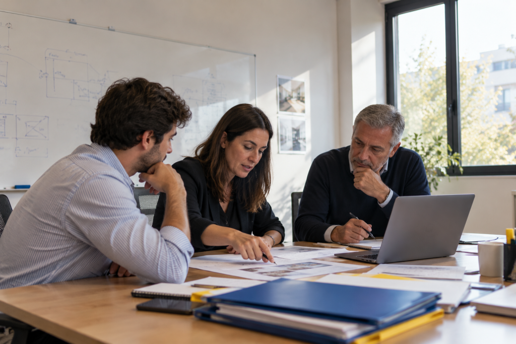 Equipo de una empresa revisando en reunión los procedimientos de atención al cliente