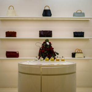 Expositor de perfumes y bolsos en el escaparate de una perfumería