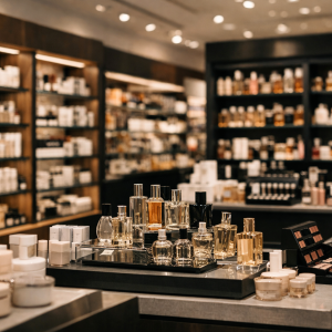 Interior de una tienda de perfumería con productos de cosmética y perfumes expuestos en un mostrador comercial