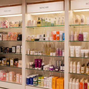 Estanterías de tienda especializada con productos de perfumería, skincare y body care ordenados por categorías, ambiente comercial cuidado