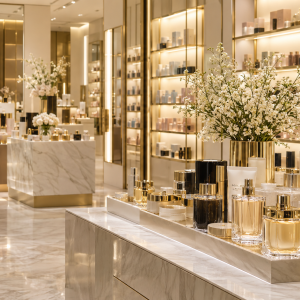 Interior de una perfumería de estilo premium con expositores de mármol y dorado