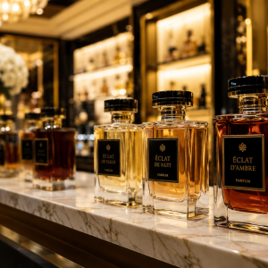 Colección de perfumes de lujo expuesta sobre mostrador de mármol en una perfumería de alta gama con iluminación dorada